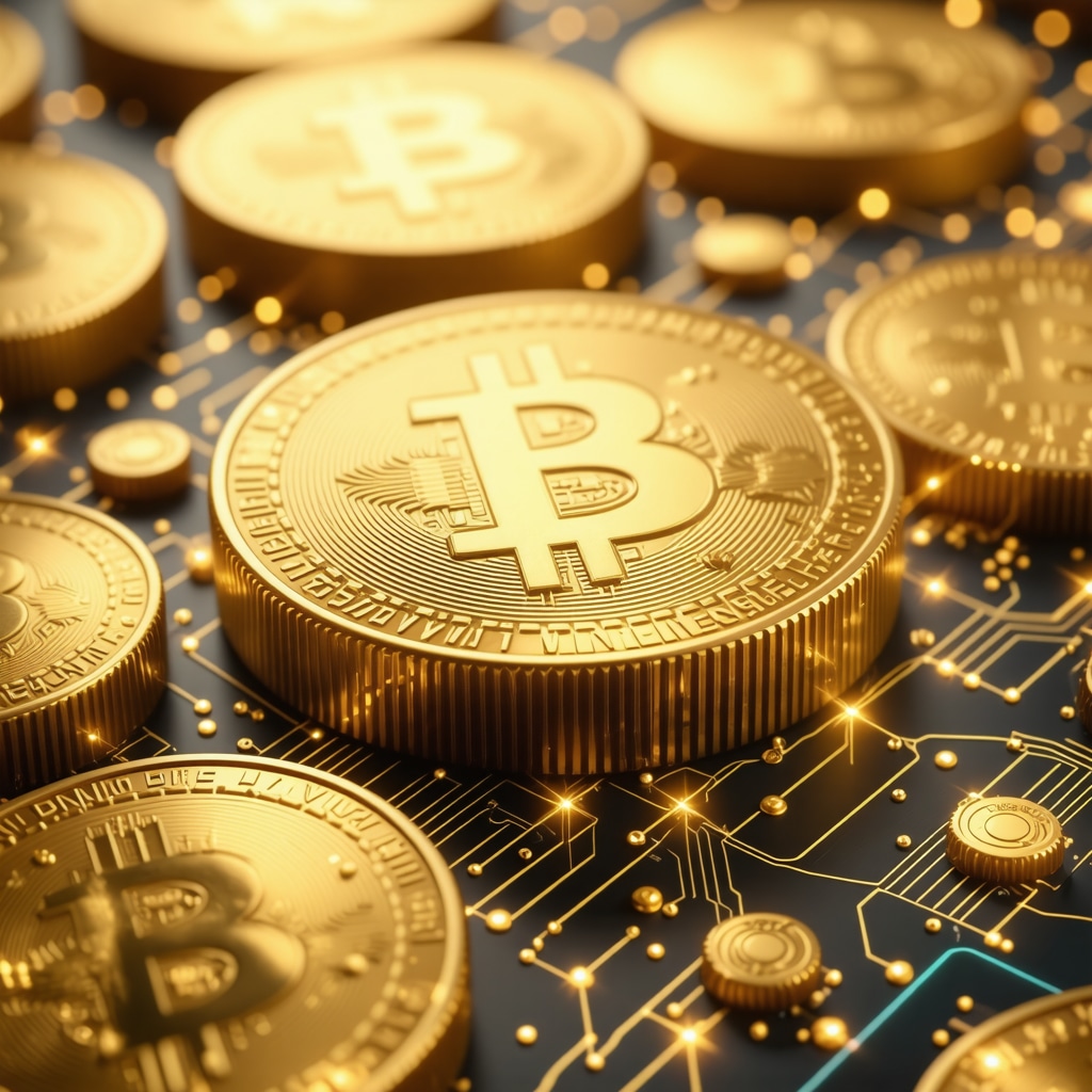 Futuristic digital gold coins representing blockchain and cryptocurrency integration