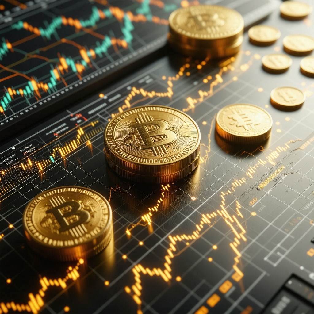 Futuristic digital image showing blockchain, gold, and economic data visualization