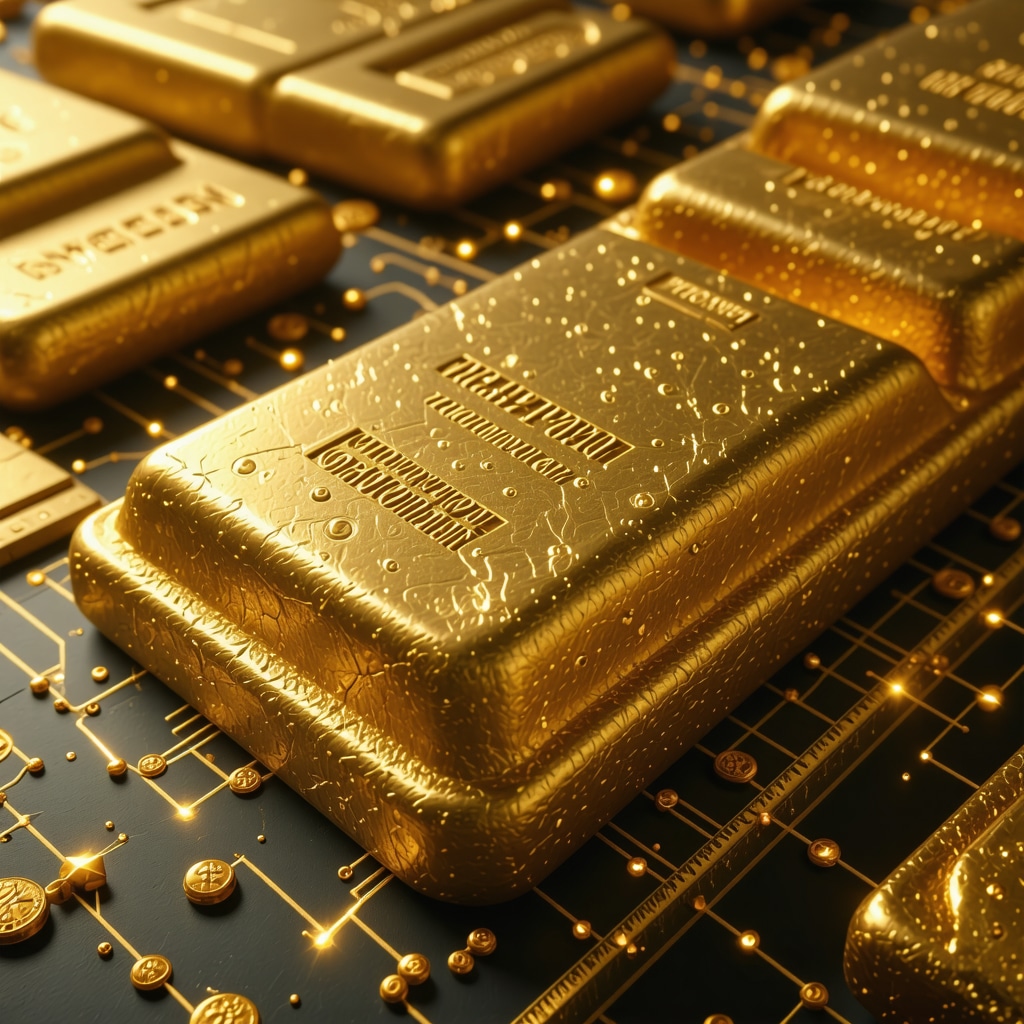 Futuristic digital gold tokens and traditional gold bars with blockchain overlay, representing advanced investment technology