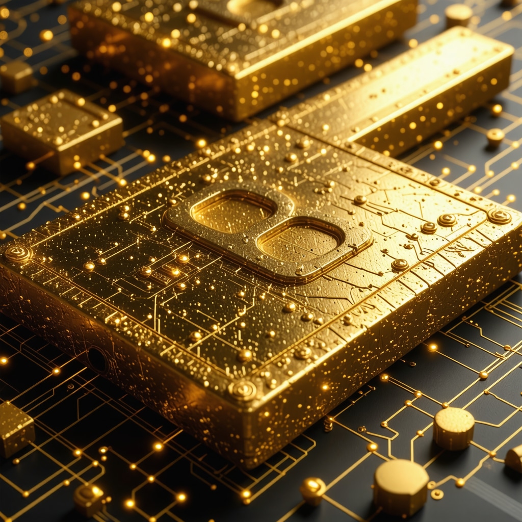 Illustration of digital gold tokens and blockchain networks