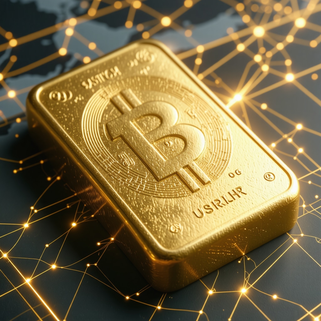 A visual representation of digital gold tokens combined with physical gold bars, illustrating integration of blockchain and physical assets.