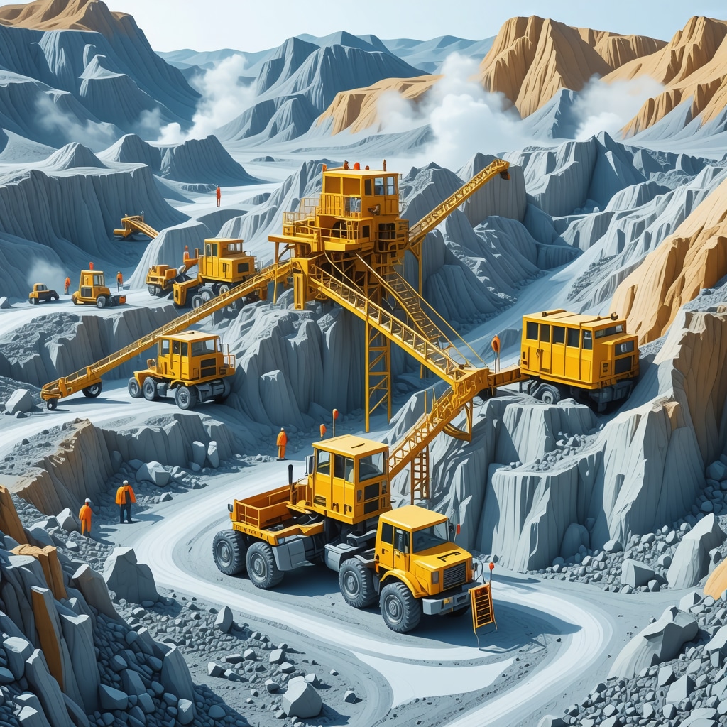 A detailed digital twin visualization of a gold mine with data overlays showing efficiency and environmental metrics