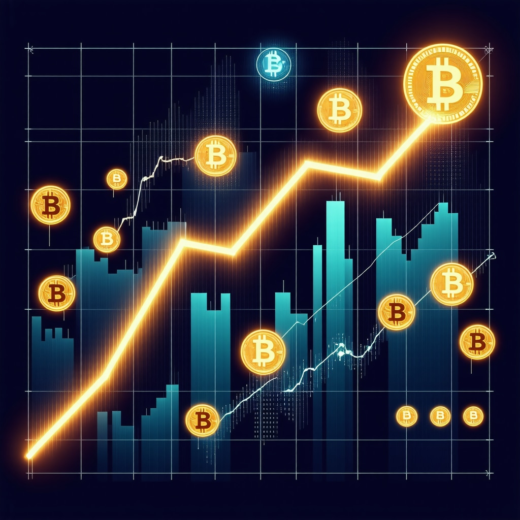 Futuristic financial chart with gold, blockchain, and geopolitical symbols.