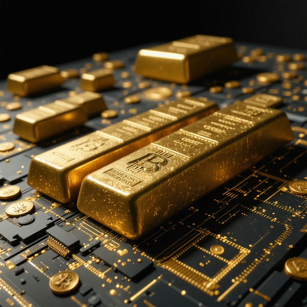 Futuristic digital currencies and gold bars symbolizing financial evolution