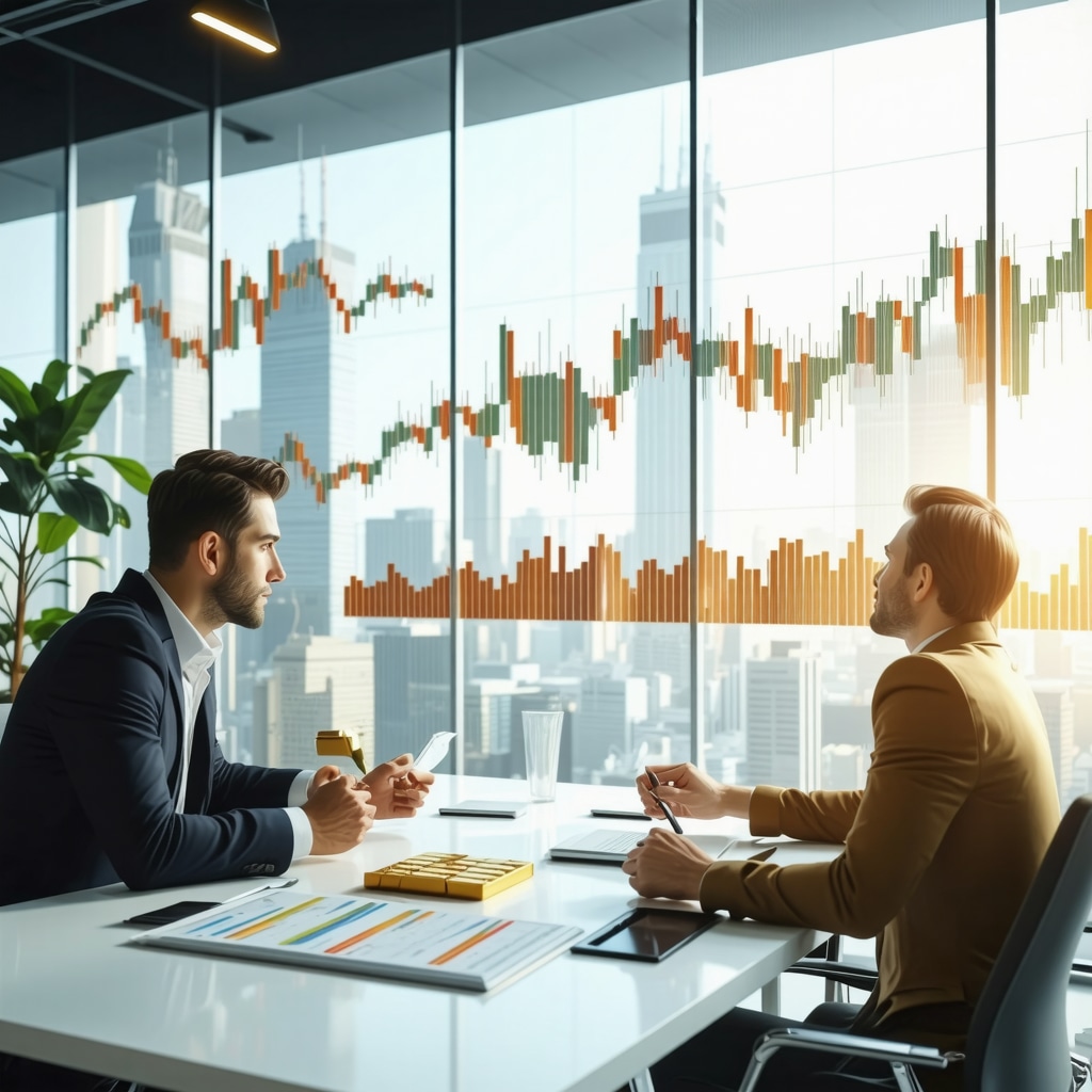 Financial analysts discussing gold ETFs and mutual funds in a modern office