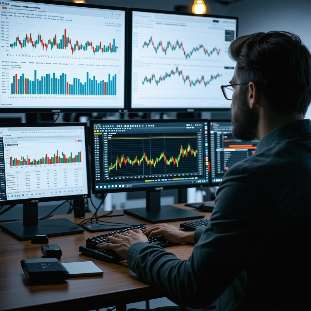 Financial analyst using macroeconomic data models on multiple screens