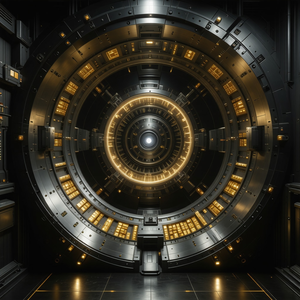 Futuristic vault with digital and gold assets in a high-tech financial setting