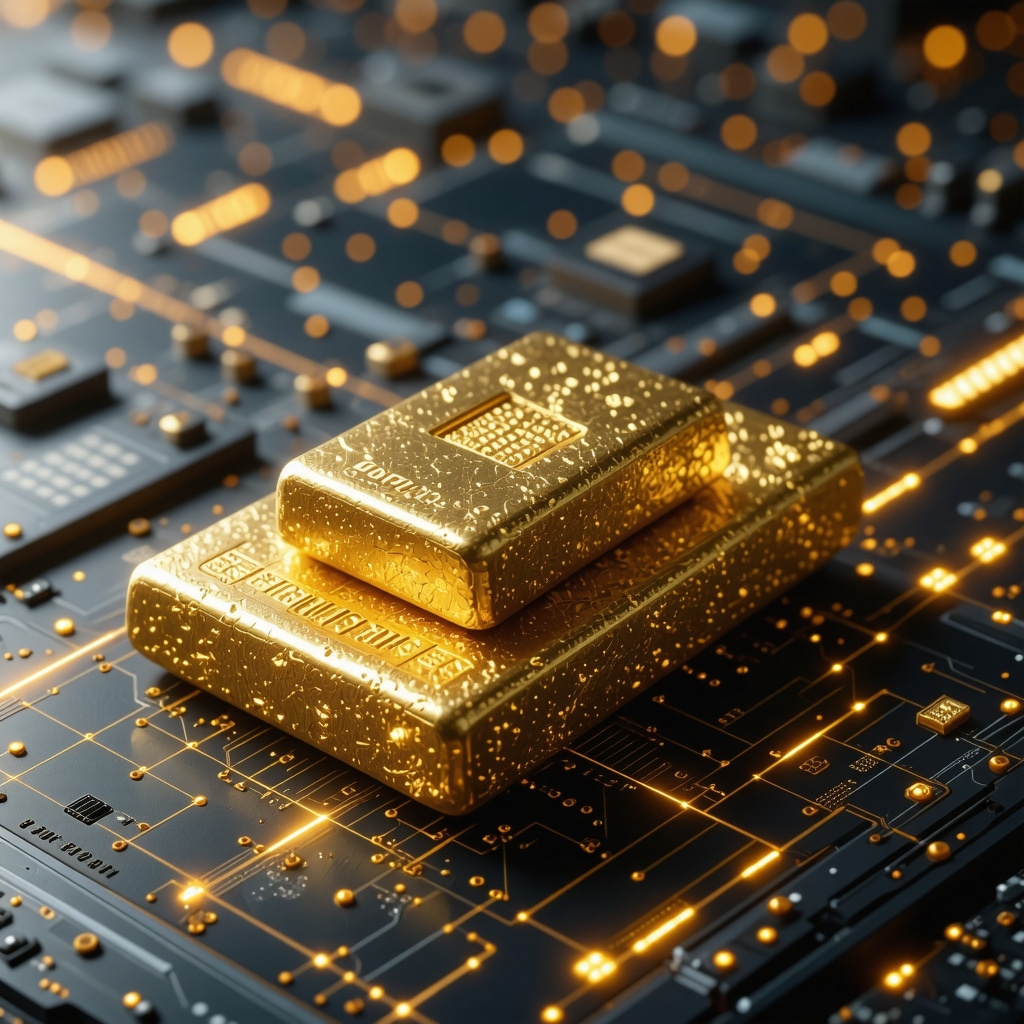 Futuristic digital gold trading platform illustrating blockchain technology