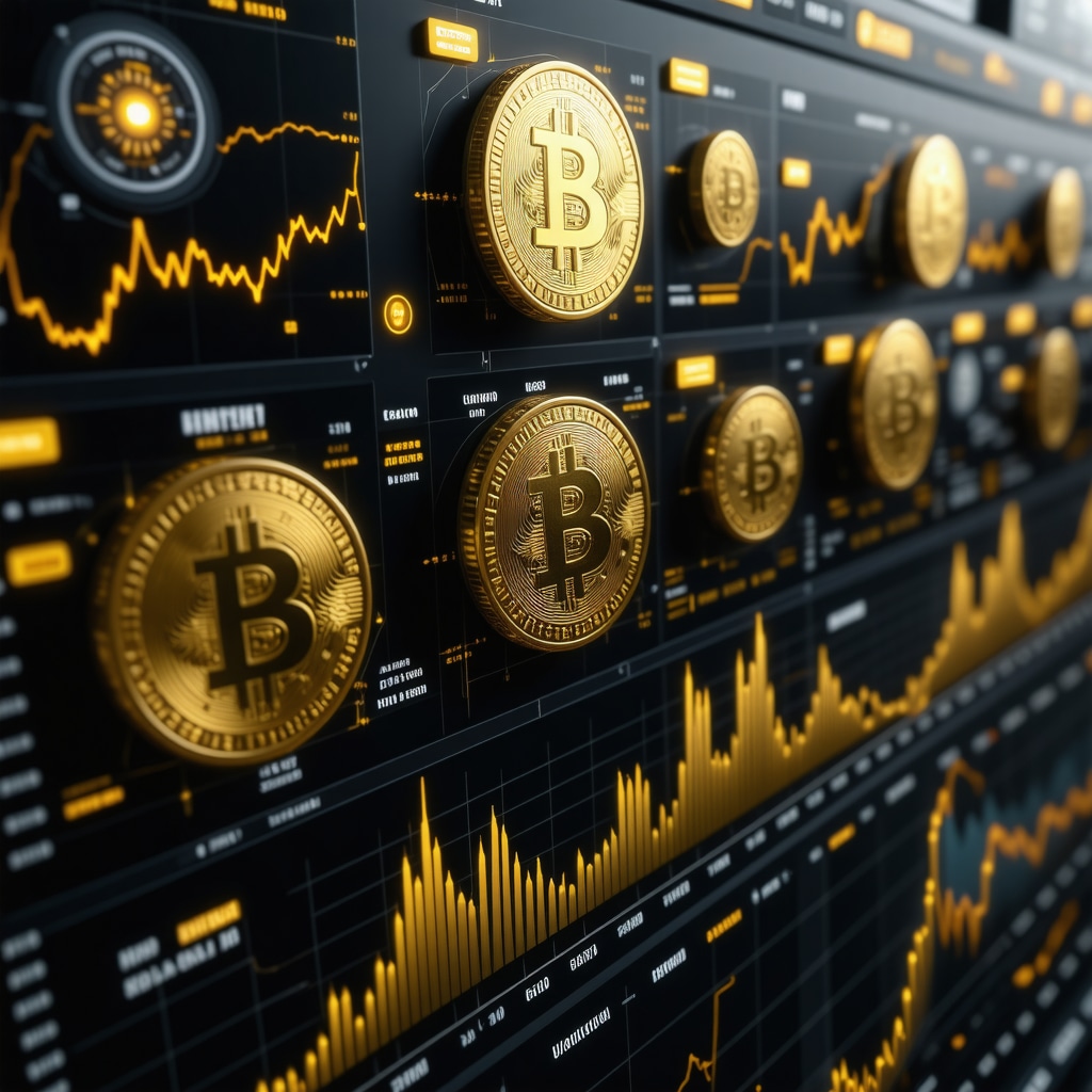 Futuristic financial dashboard showing gold and cryptocurrency data analytics