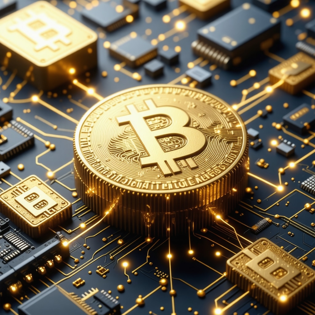 Futuristic blockchain technology connecting with gold investment symbols in a high-tech environment