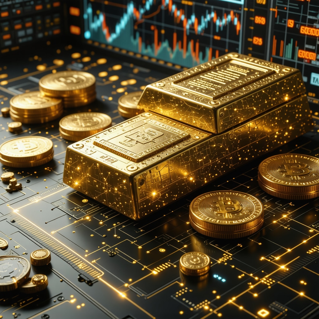Advanced digital gold trading platform featuring blockchain technology and holographic displays