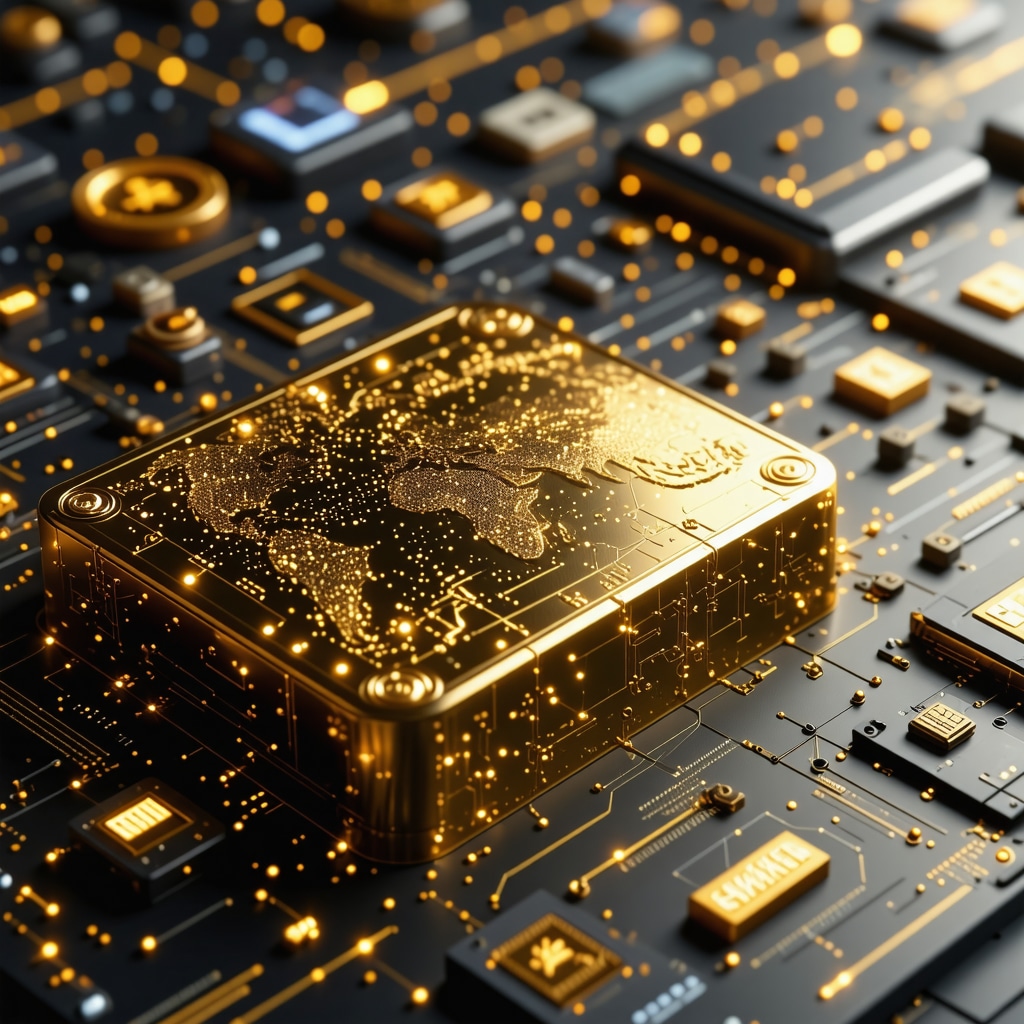 High-tech digital gold trading interface with blockchain and security features