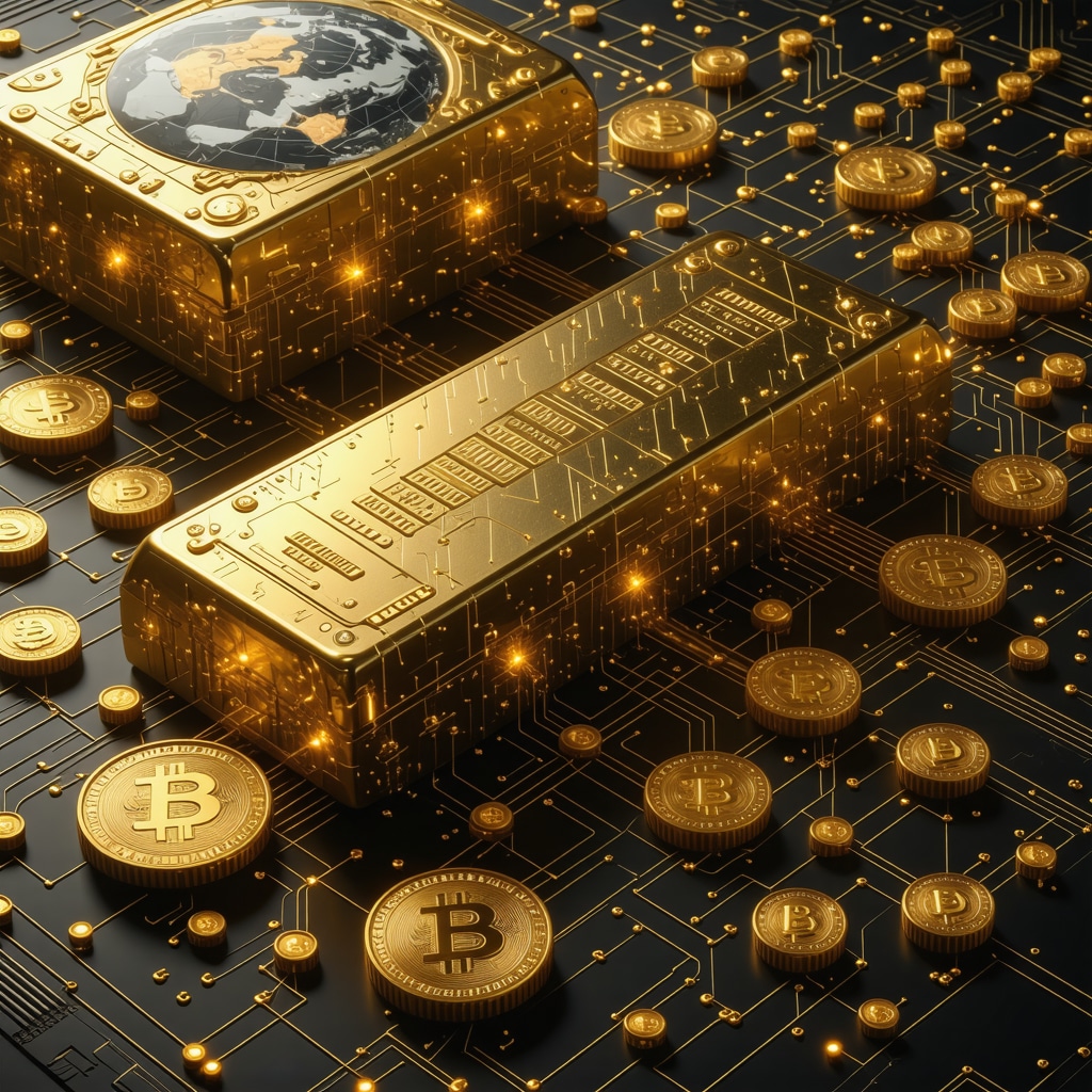 Digital gold trading platform with blockchain technology, illustrating security and global connectivity