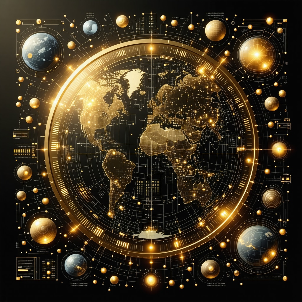 A digital gold coin with icons of geopolitics and technology surrounding it, symbolizing 2025 market factors.