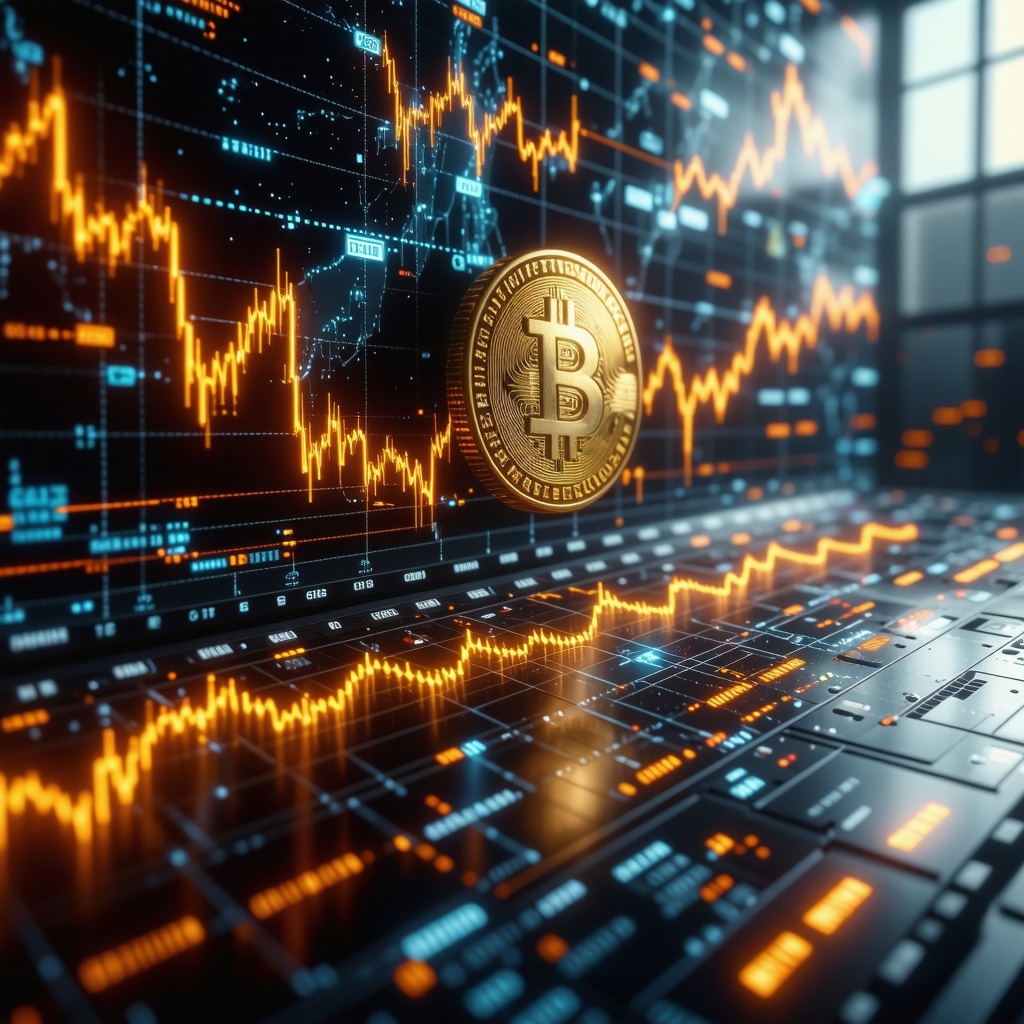 Futuristic digital gold and cryptocurrency market analysis with advanced graphs and neon accents.