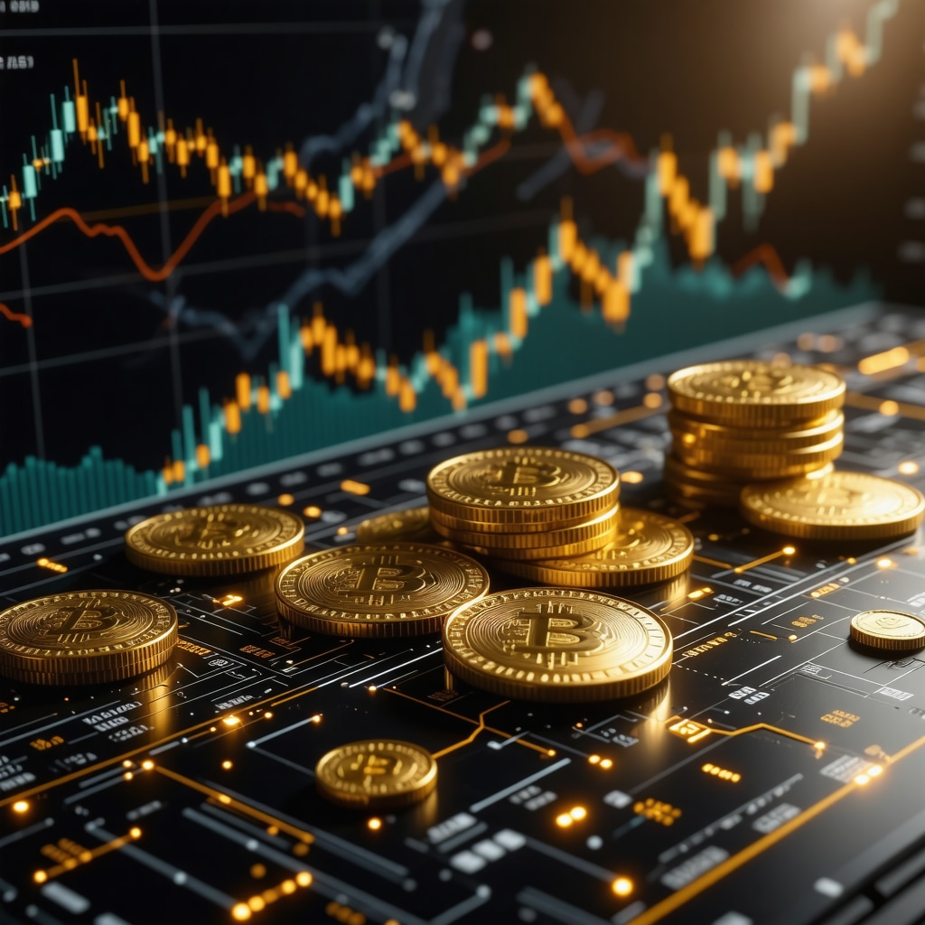 High-tech digital gold trading platform with blockchain elements and digital coins