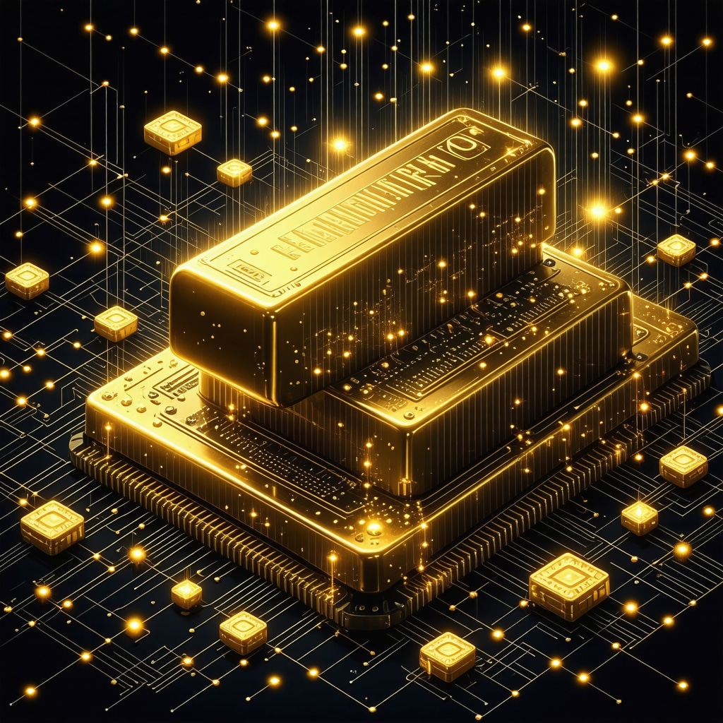 A high-tech, futuristic digital gold trading interface with blockchain elements