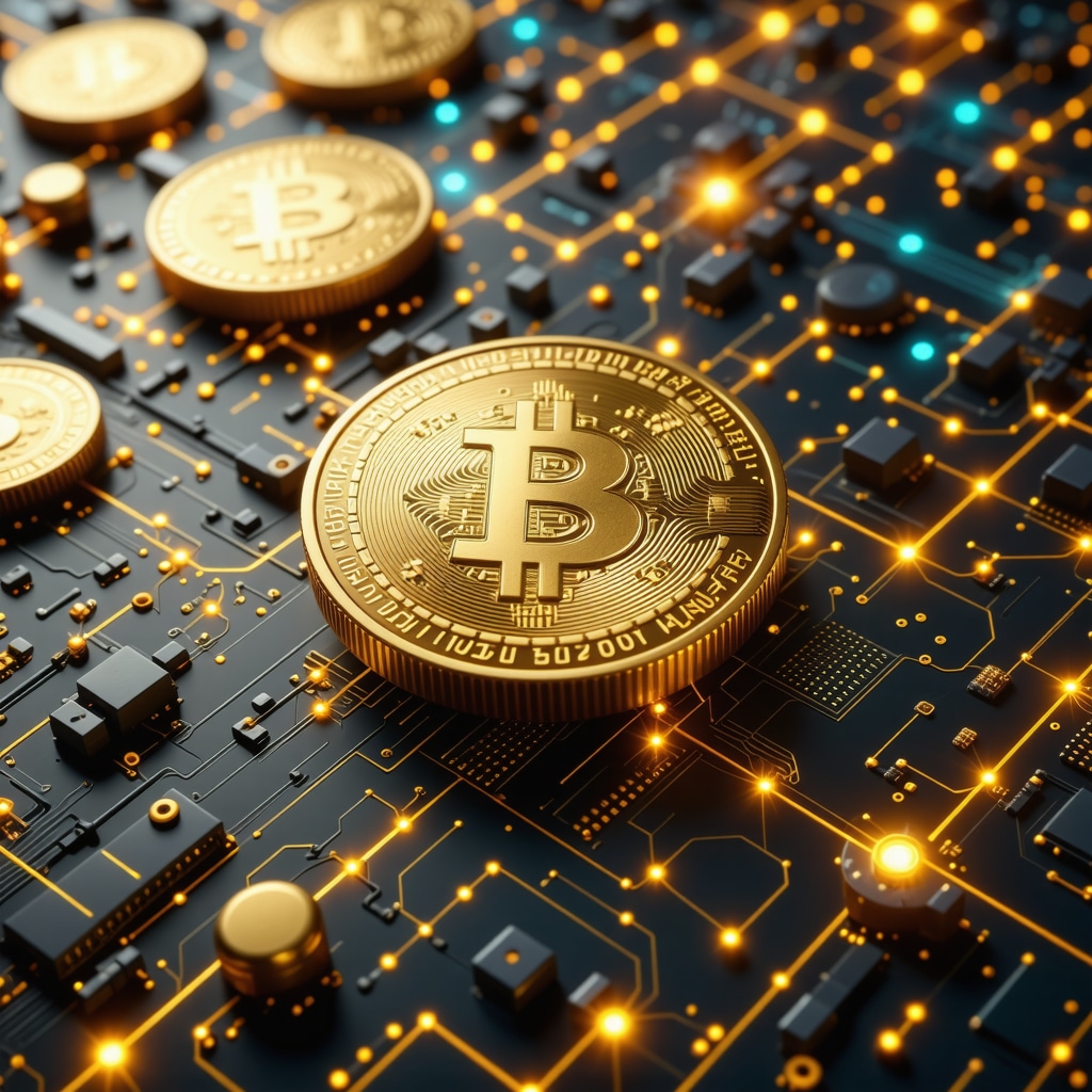 Digital gold tokens alongside quantum computer interface illustrating advanced financial analysis