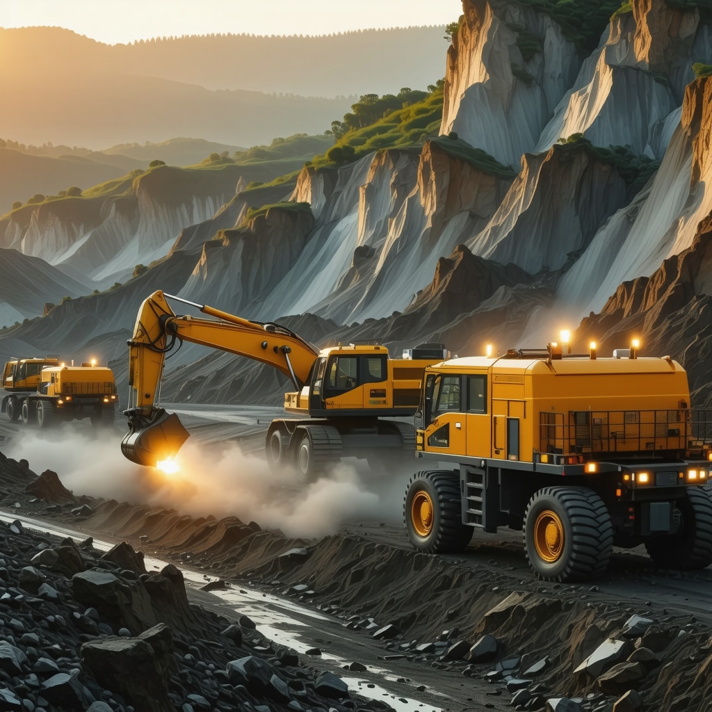 High-tech gold mining machinery operating in a lush landscape with eco-friendly features, dawn lighting.