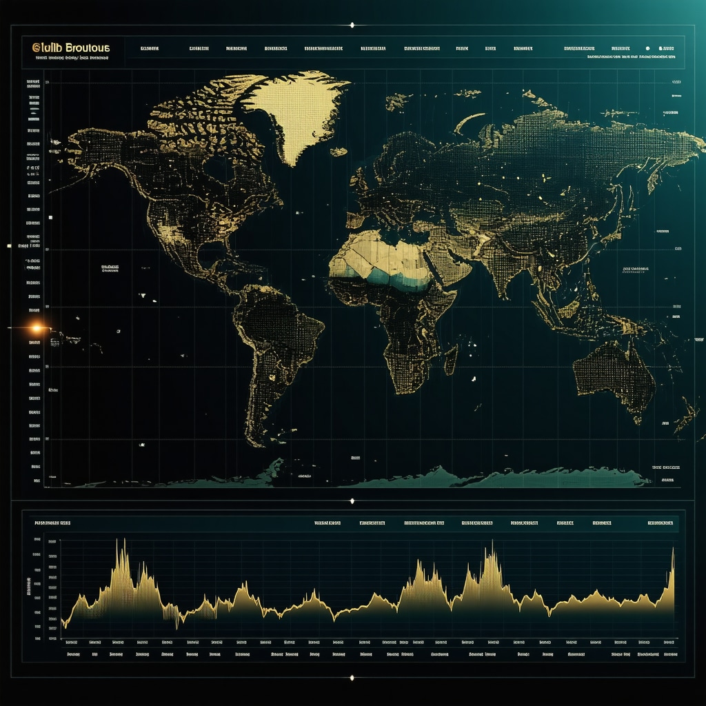 Advanced digital dashboard showing geopolitical risks, gold, and stock market data