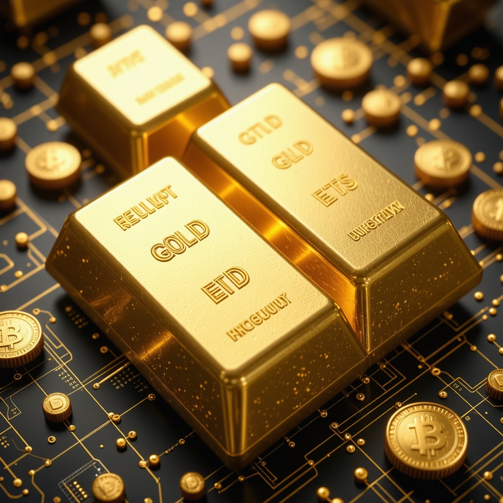 A detailed digital illustration of a gold investment portfolio showing physical gold, ETFs, and blockchain-based digital gold assets.