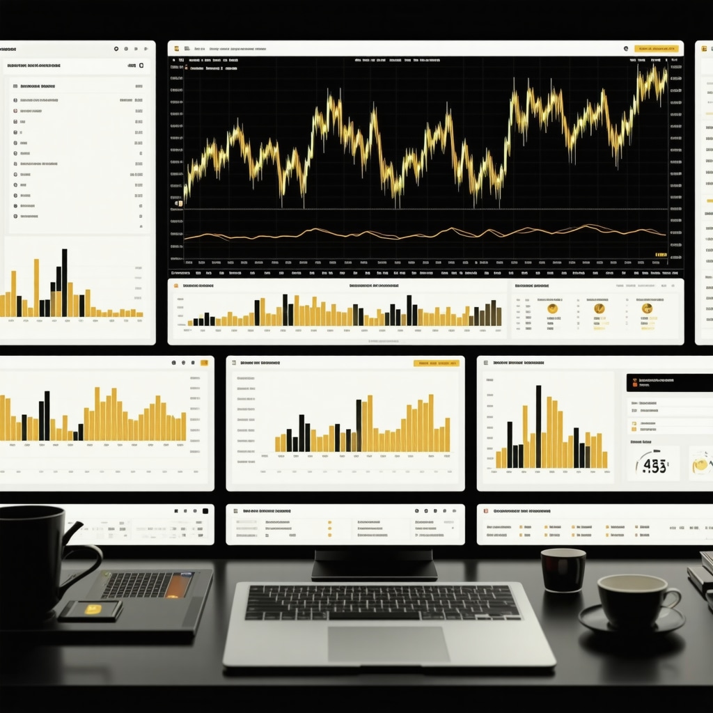High-tech gold trading analytics interface showing market trends and predictions