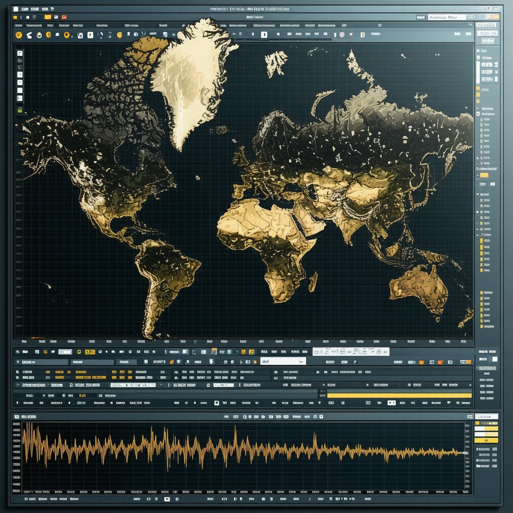 High-tech digital interface displaying gold market analytics and AI predictions.