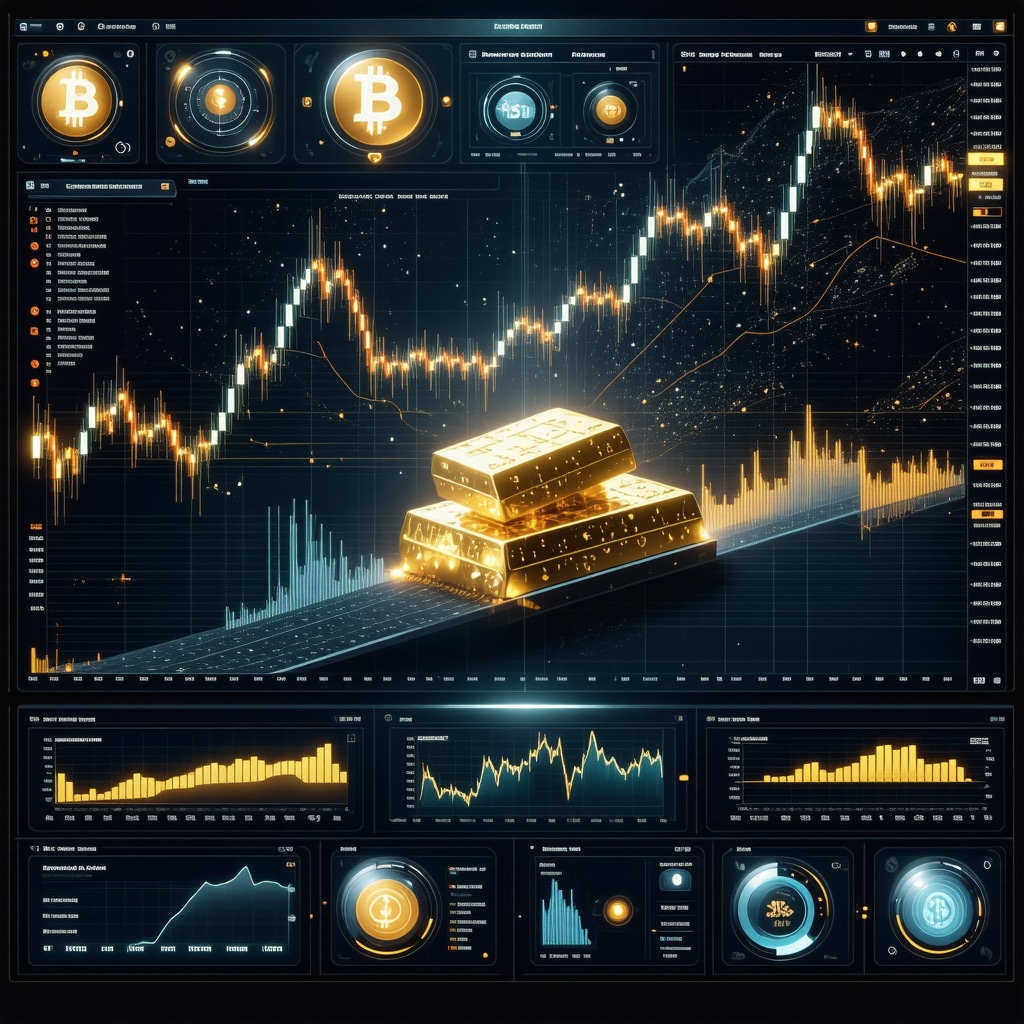 A high-tech holographic interface displaying gold market analytics with AI and blockchain elements