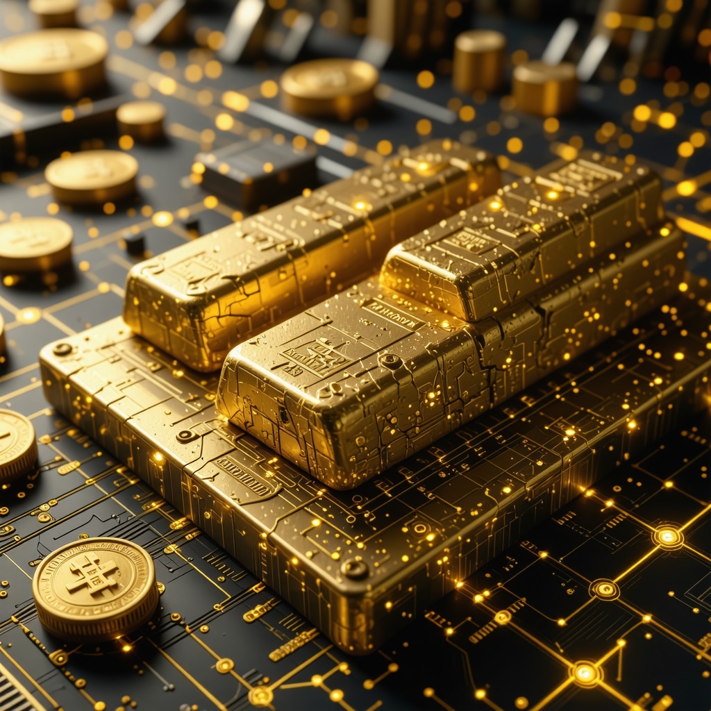 High-tech digital gold trading interface with blockchain and AI visualization