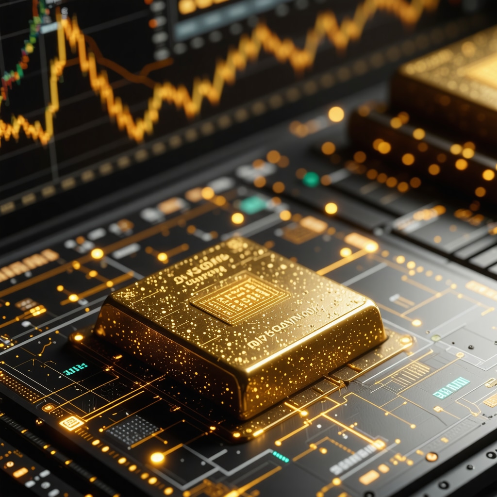 High-tech gold trading interface with holograms and blockchain symbols
