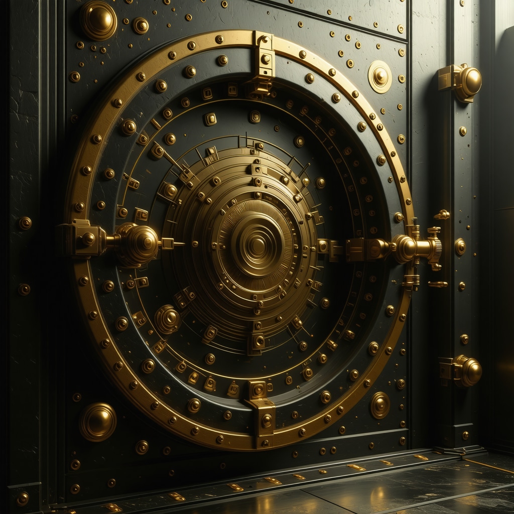 Futuristic gold vault with biometric access and blockchain technology