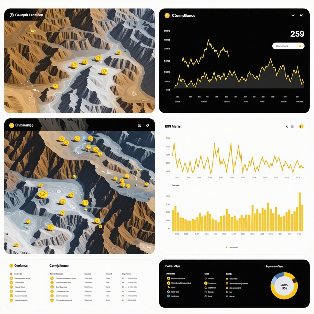 Dashboard showing satellite images of gold mines, social media sentiment charts, ESG metrics, and digital gold tokens