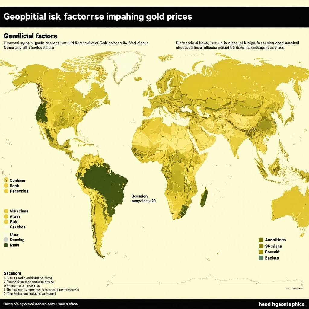 Infographic illustrating geopolitical factors influencing gold prices with conflict zones and central bank activities