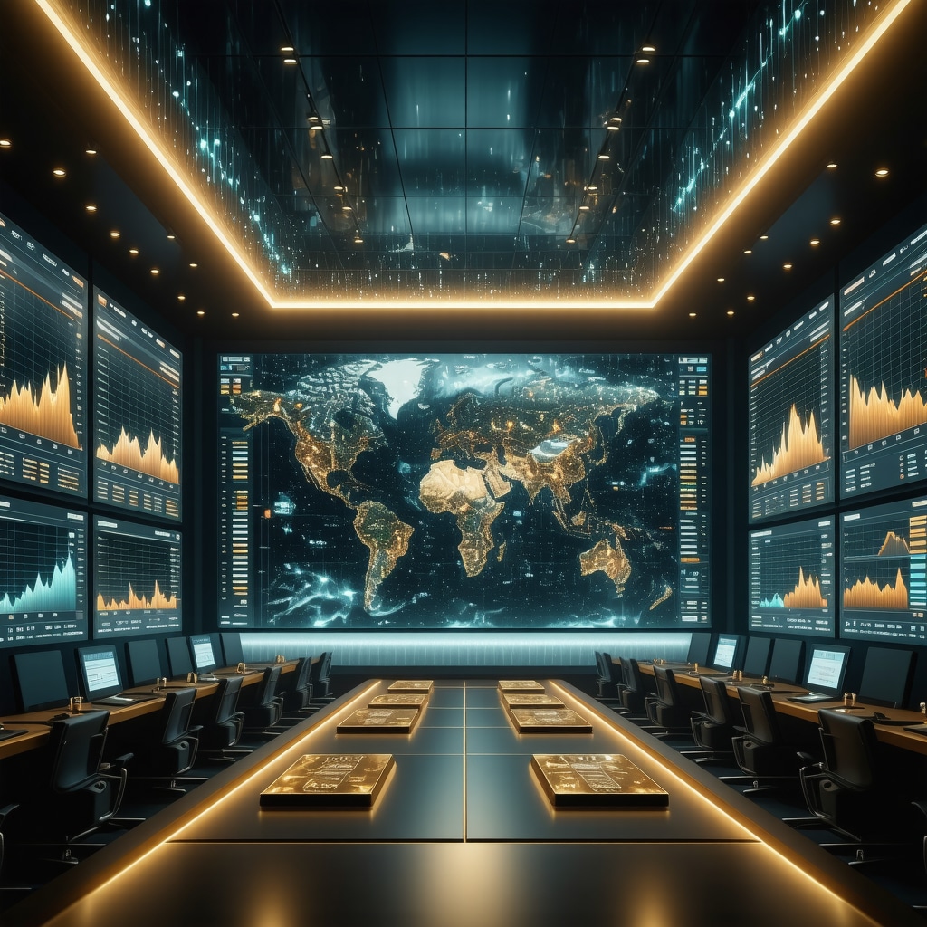 Financial analyst reviewing global gold market data in a high-tech control room