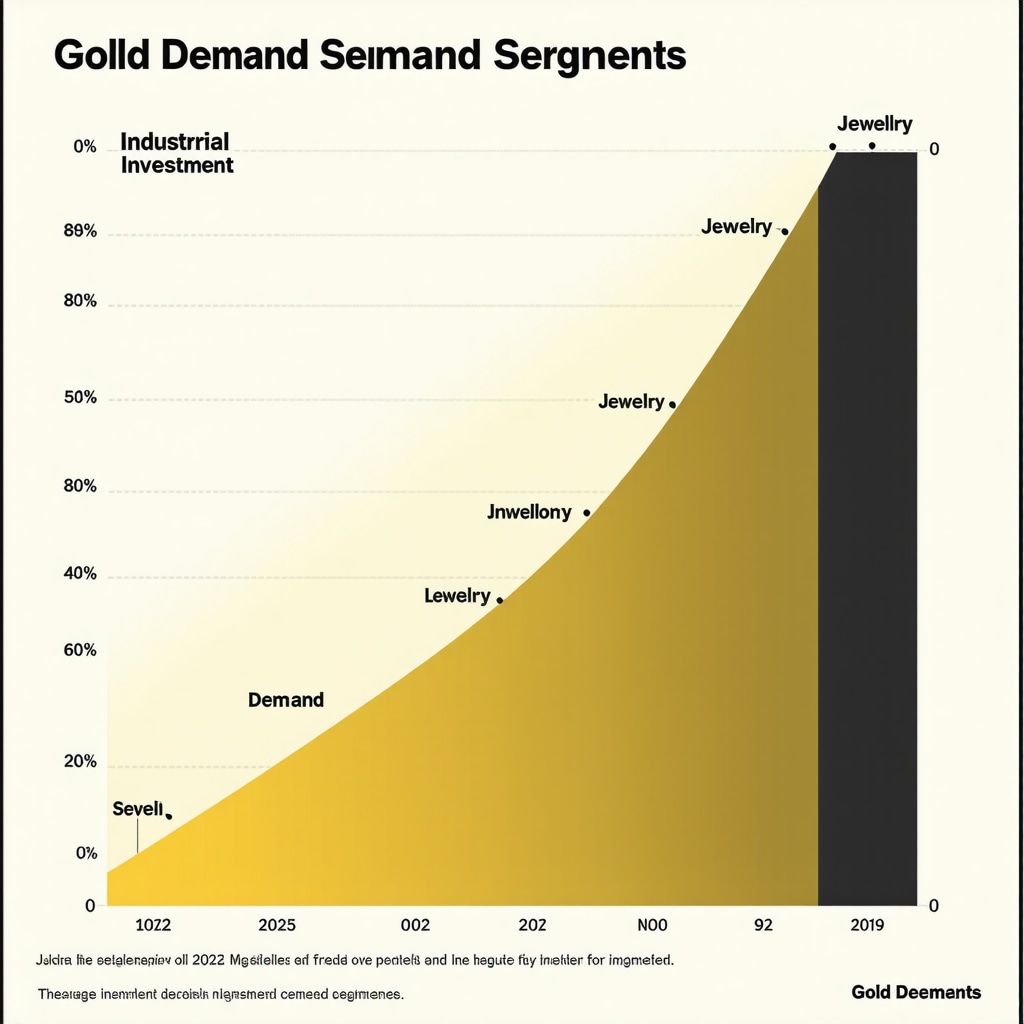 Graph showing the distribution of gold demand by industrial use, jewelry, and investment in 2025