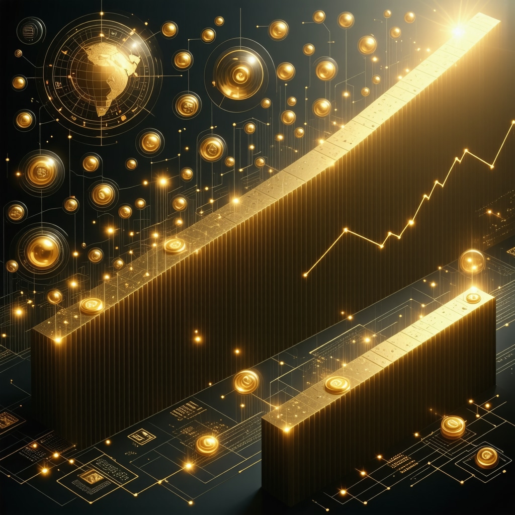 Digital illustration of gold demand driven by technology and geopolitics with graphs and industry icons