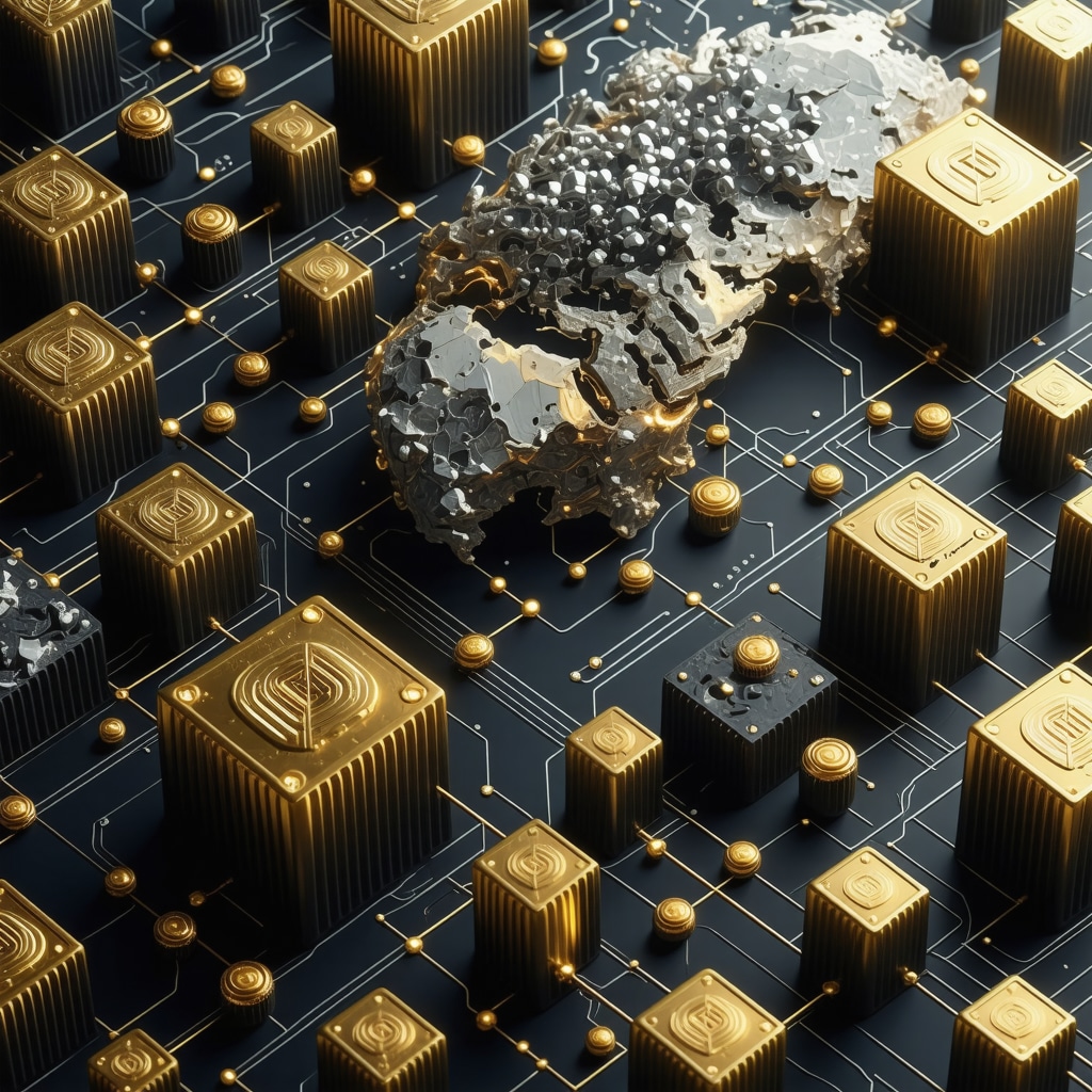 Futuristic visualization of gold blockchain and sustainable mining processes