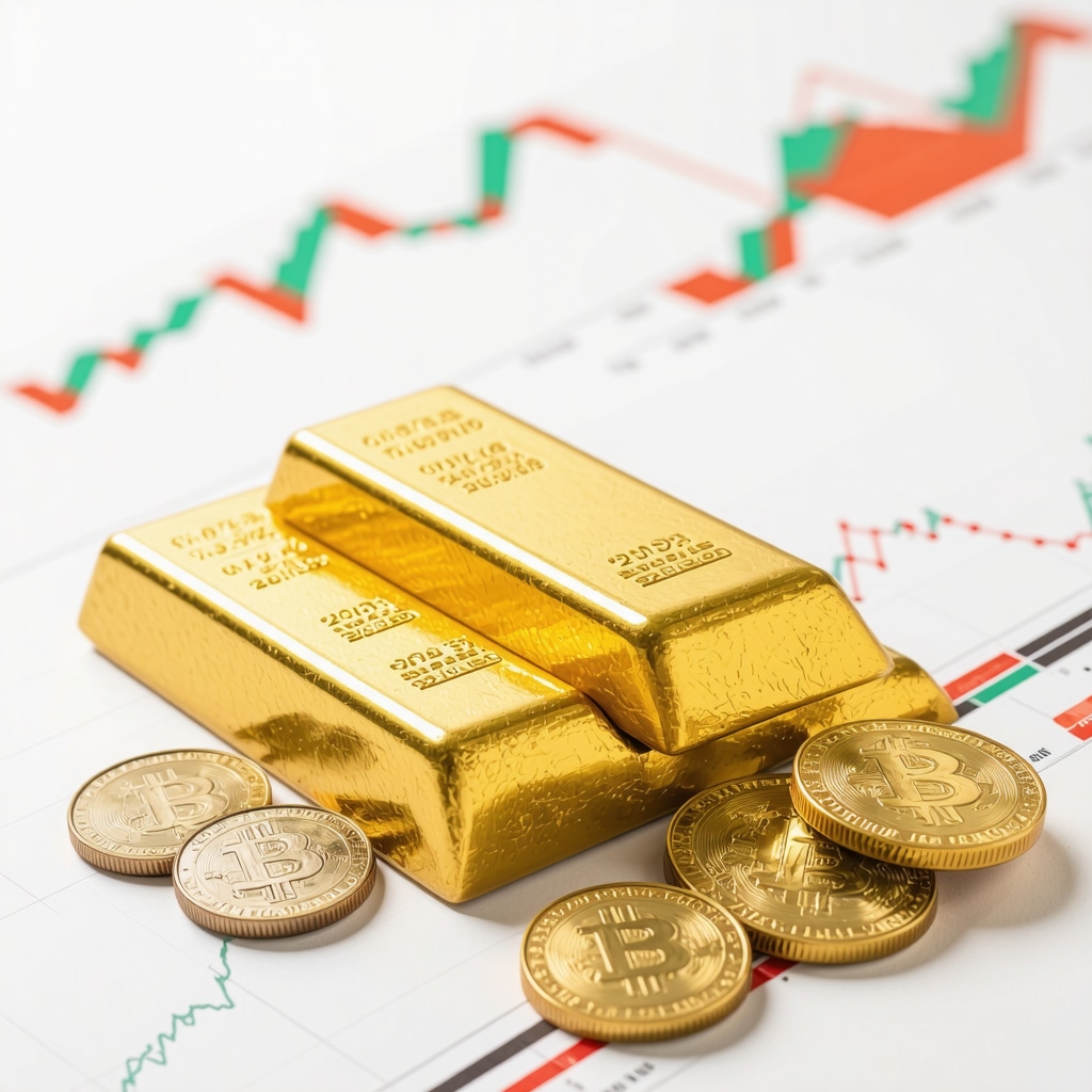 Gold bars and coins with financial charts for 2025 market analysis