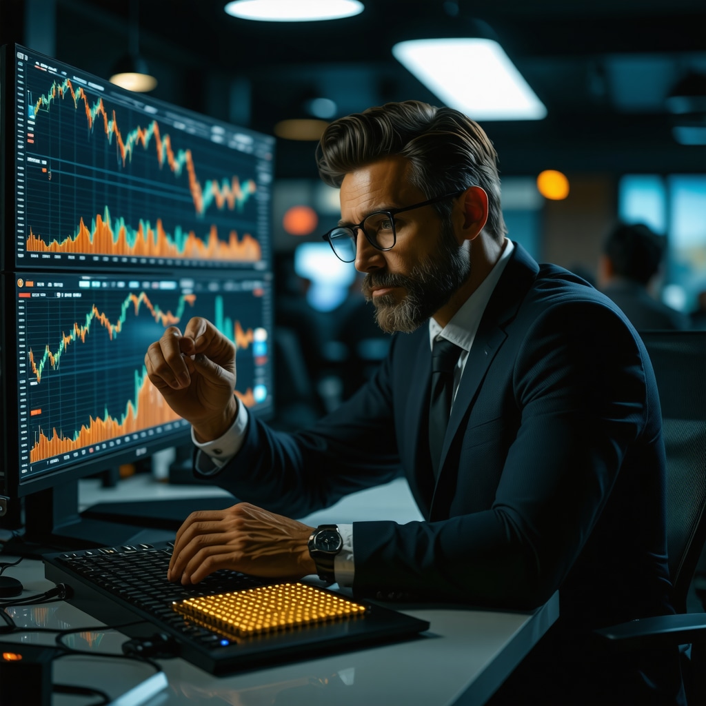 Investor analyzing gold and digital assets in a modern office setting.