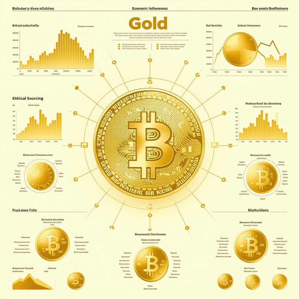 Infographic illustrating complex factors influencing gold prices including economic data, ethical sourcing, and diversified investment vehicles
