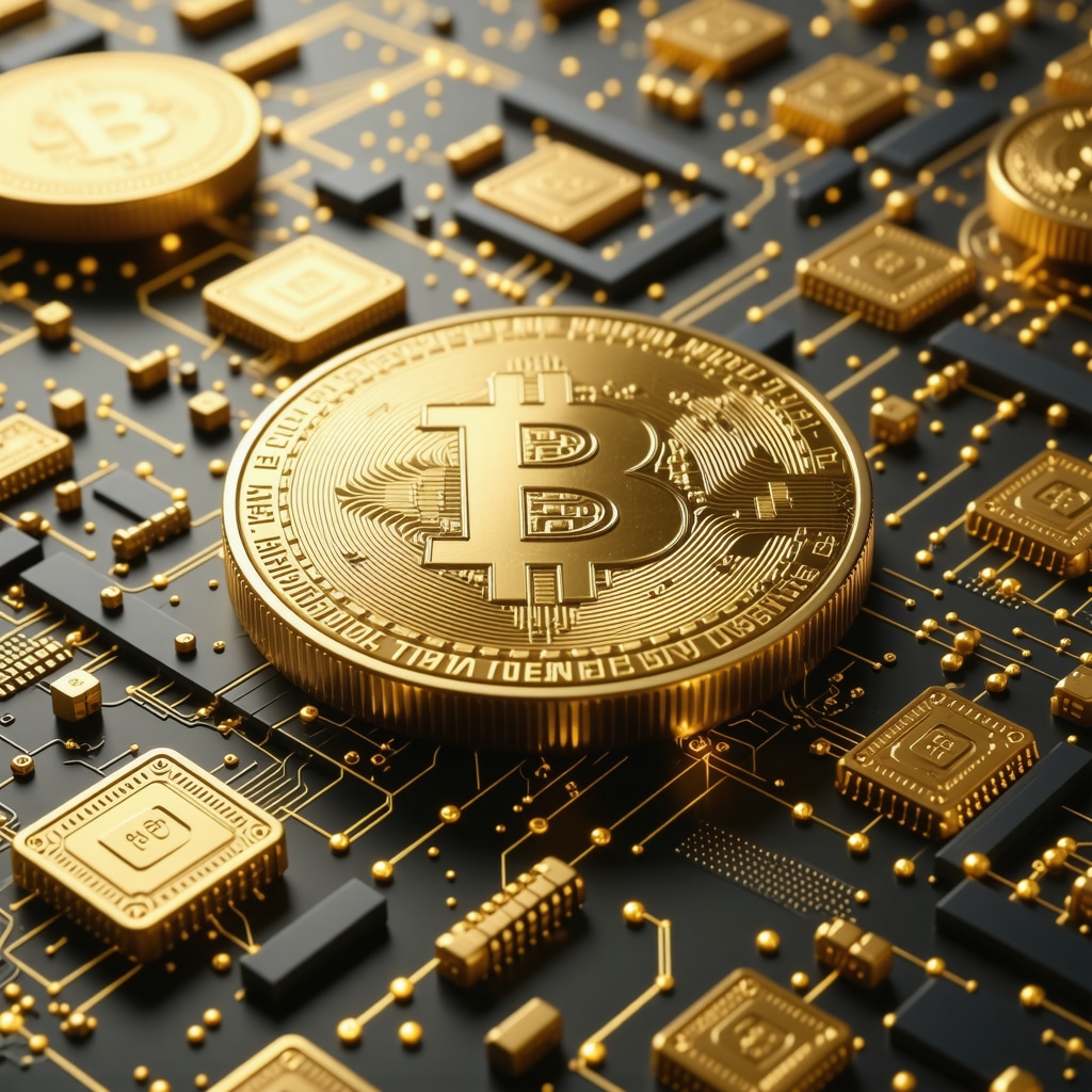 Digital illustration of gold-backed cryptocurrency and blockchain technology in 2025