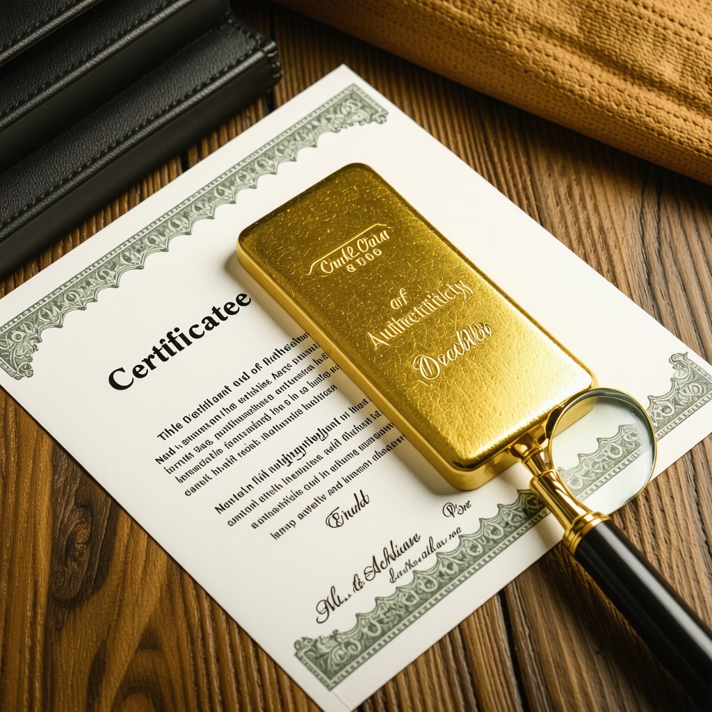 Gold bar with certificate and magnifying glass on wooden table representing gold authenticity verification