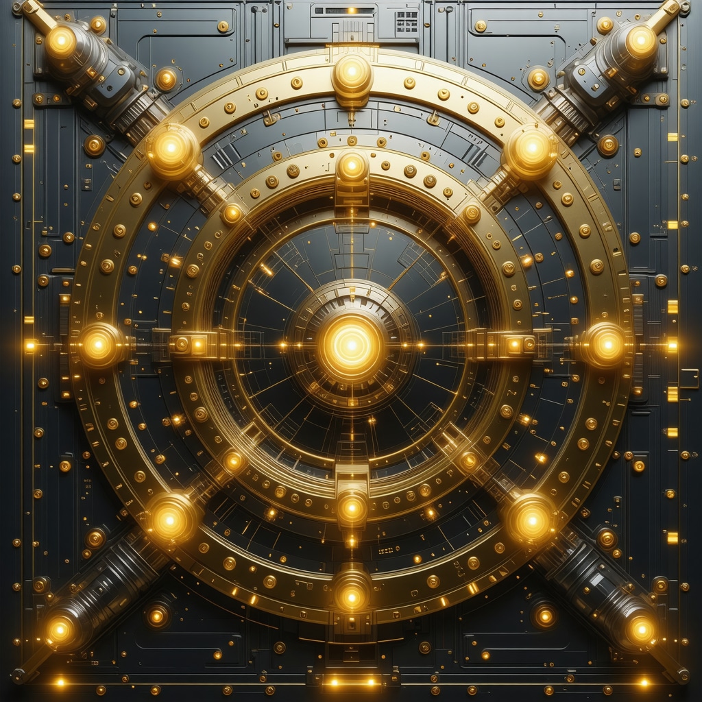 Futuristic digital gold vault with blockchain and biometric security