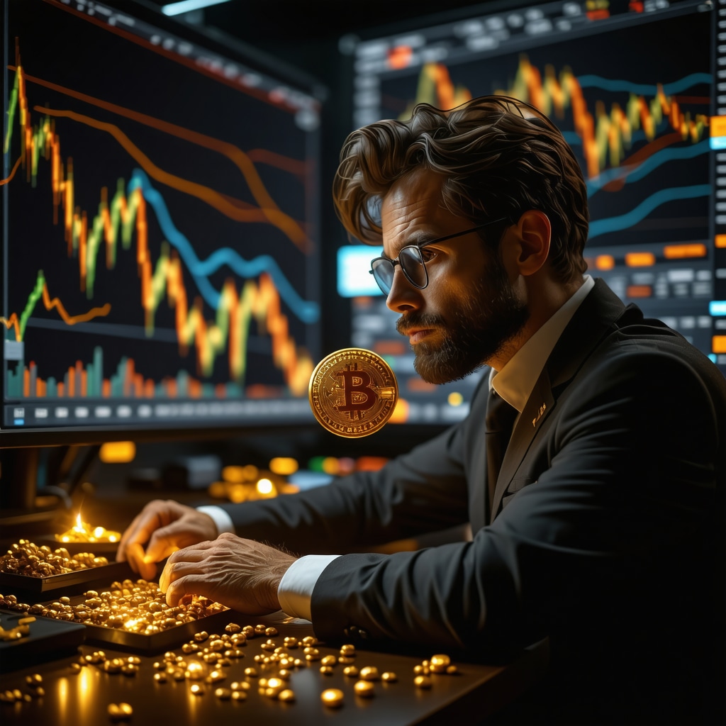 Trader using AI tools to analyze gold market trends on a digital trading desk