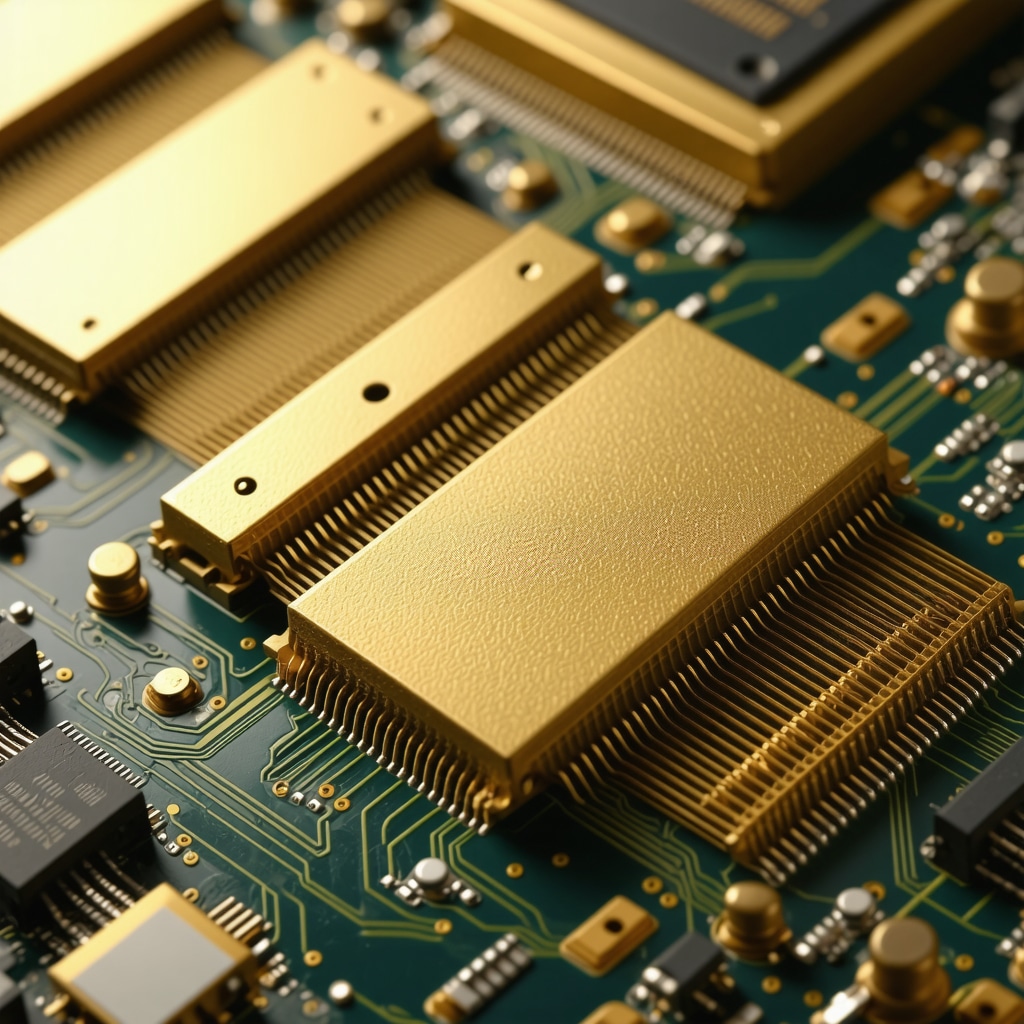 Close-up of gold wires and connectors used in electronic devices, emphasizing gold's role in high-tech manufacturing.