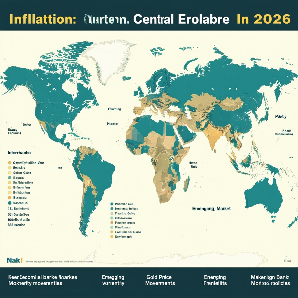 Infographic illustrating inflation, central bank policies, emerging market currencies, and geopolitical risks influencing gold prices in 2026