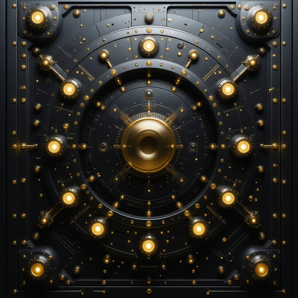 Futuristic gold storage vault with blockchain and biometric security features