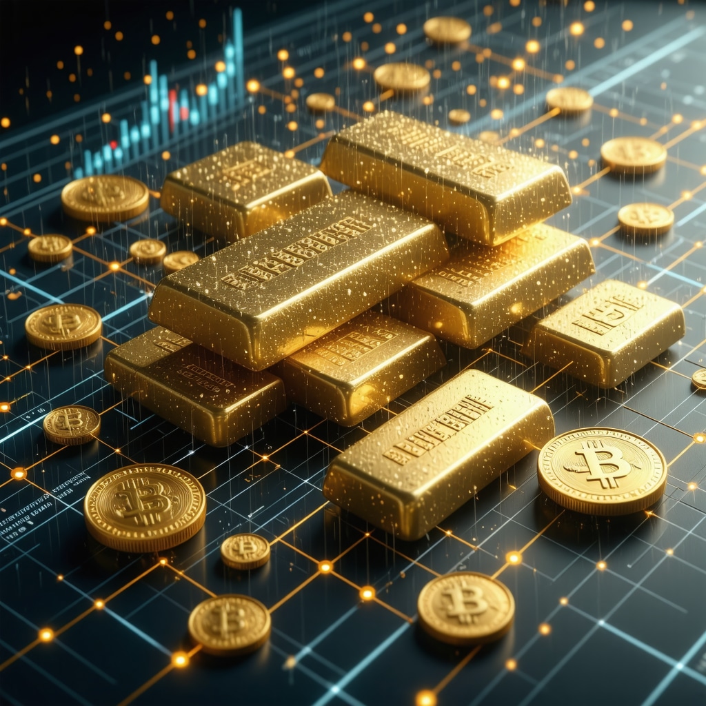 Digital visualization of blockchain connecting gold bars, coins, and stock market data