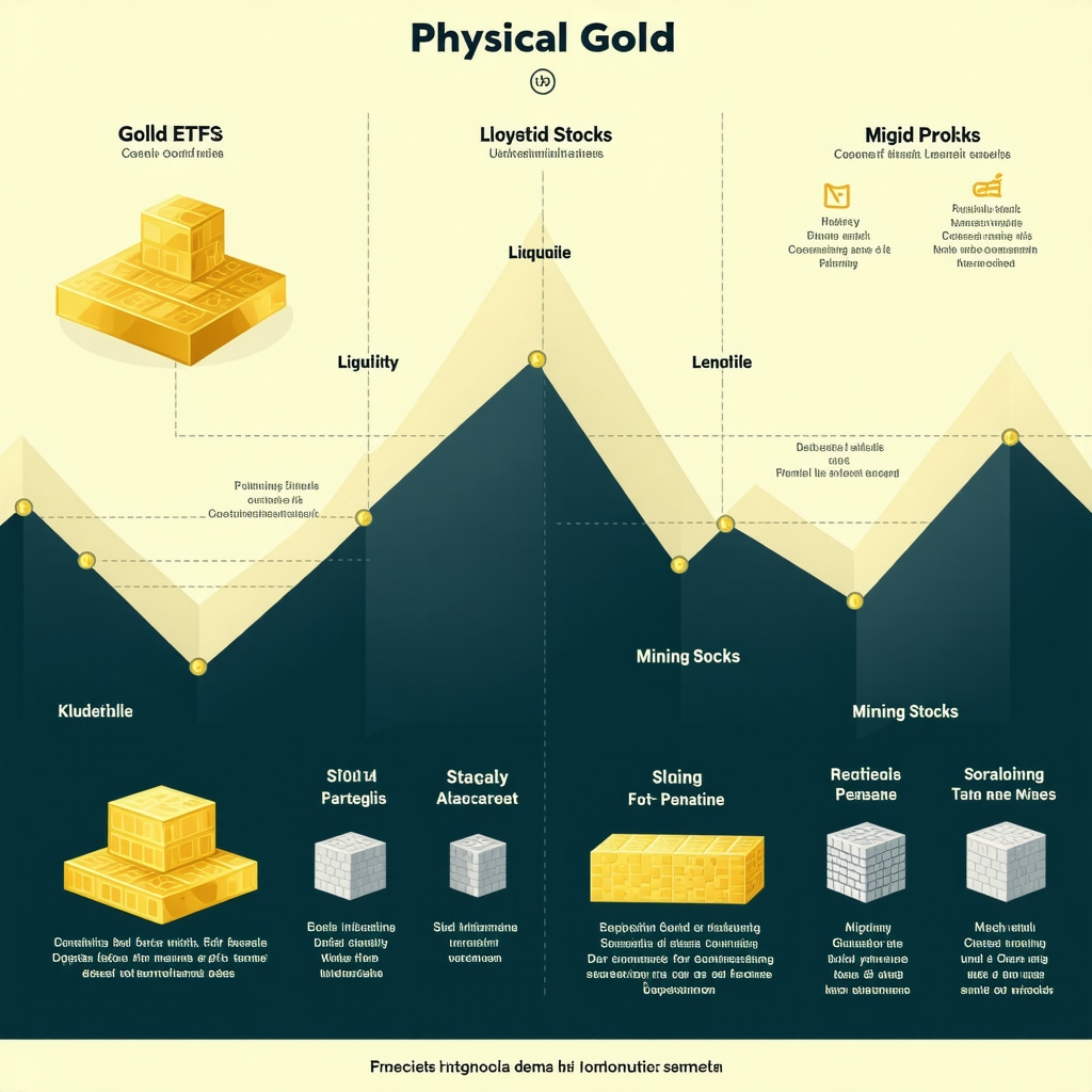 Infographic showing comparison and relationship of physical gold, gold ETFs, and mining stocks in investment portfolios