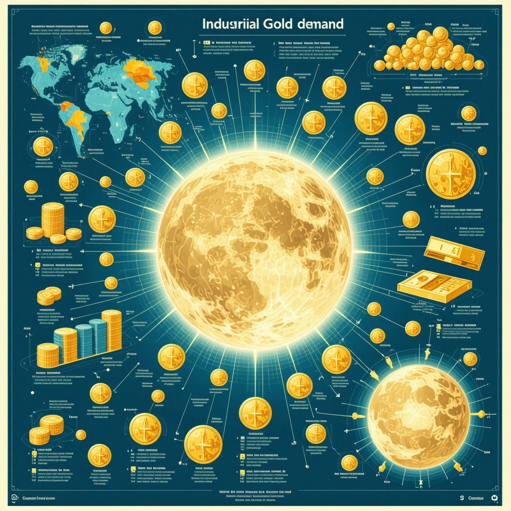Infographic showing industrial gold demand, consumer trends, technology, and geopolitical impacts on gold market